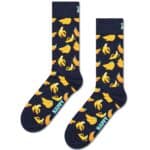Fun banana patterned socks in navy with "HAPPY" text, perfect for casual wear.