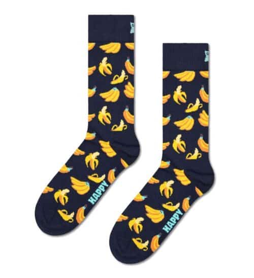 Fun banana patterned socks in navy with "HAPPY" text, perfect for casual wear.