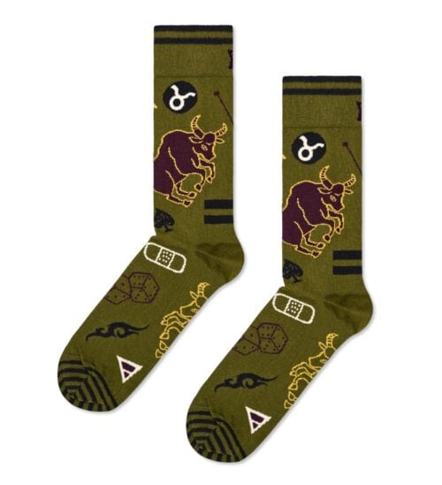 Taurus zodiac sign socks with bull design in green and black. Perfect for astrology lovers and uniqu.