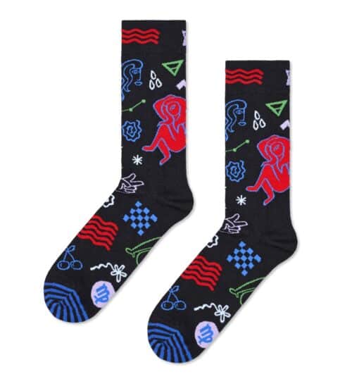 Vibrant Virgo Socks with playful, abstract designs in multiple colors on black background. Perfect f.