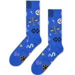 Bright blue Libra-themed socks with zodiac symbols and playful patterns for astrology enthusiasts.