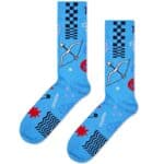 Bright blue Sagittarius socks featuring seagull illustrations and geometric designs for a stylish lo.