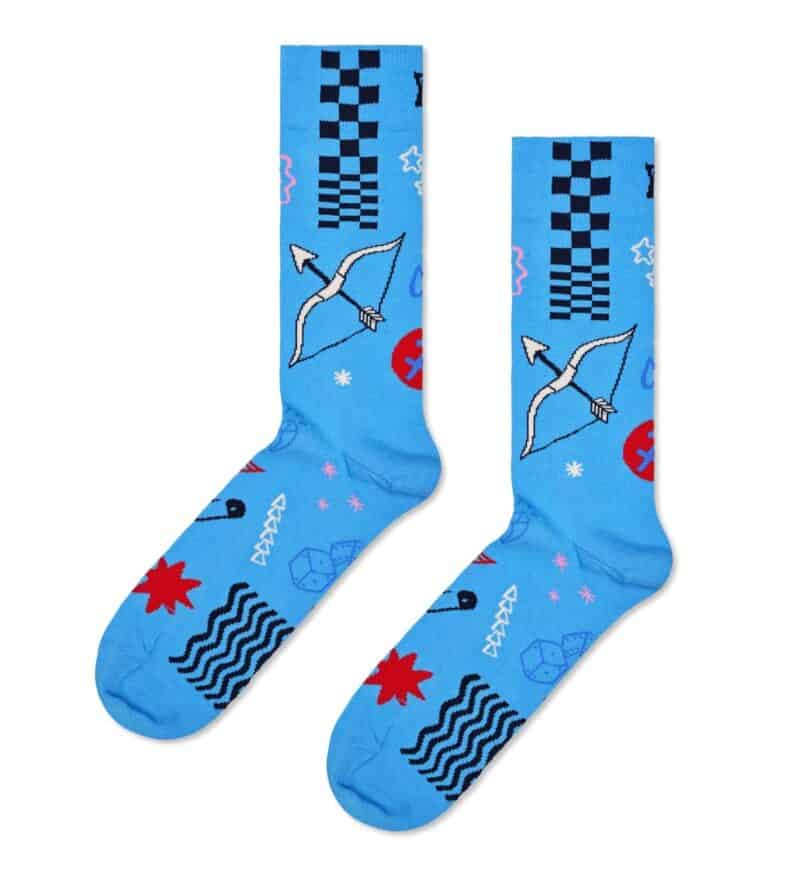 Bright blue Sagittarius socks featuring seagull illustrations and geometric designs for a stylish lo.