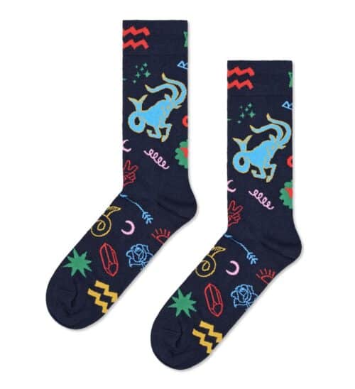 Themed socks with colorful zodiac symbols and playful patterns.