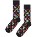 Peace Sign Socks with colorful peace symbols on black background, perfect for expressing positivity.