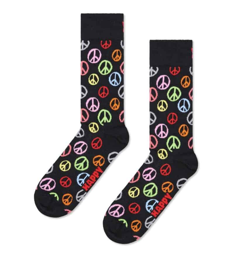 Peace Sign Socks with colorful peace symbols on black background, perfect for expressing positivity.