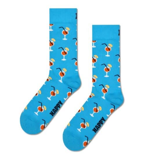 Bright blue socks with orange spritz cocktail pattern, perfect for summer and casual wear.