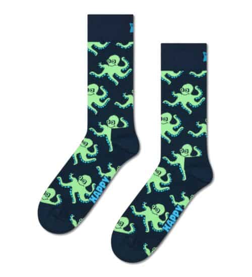 Octopus Socks with playful octopus pattern in neon green on navy background.