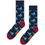 Colorful dragon socks with blue, white, and orange dragons on a navy background, featuring red toe a.