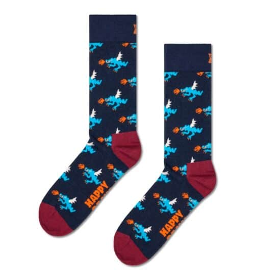 Colorful dragon socks with blue, white, and orange dragons on a navy background, featuring red toe a.