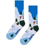Colorful skiing socks with mountain and pine tree design.