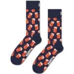 Cozy beer mug patterned socks in navy with orange and white accents, perfect for beer lovers.