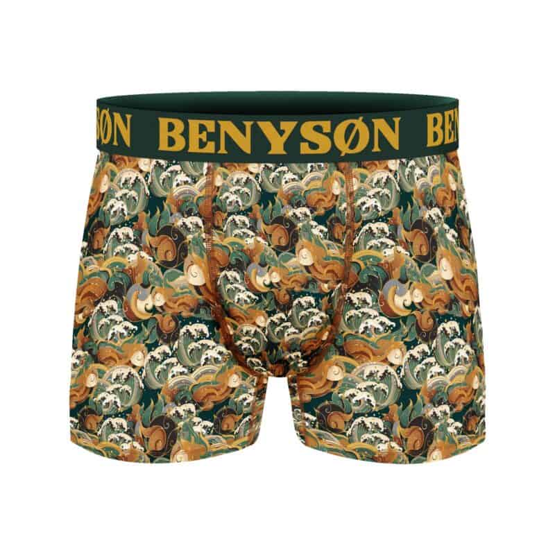 Bambuviskose boxershorts med vågmotiv och Benyson-tryck, bekvämt och hållbart material.