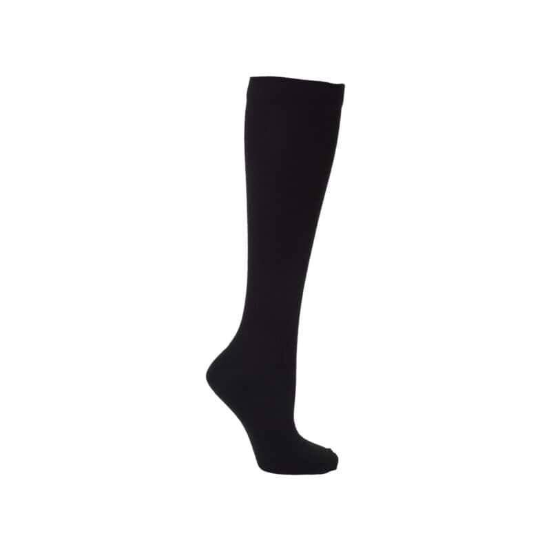 Black compression support knee-high socks for improved circulation and comfort.