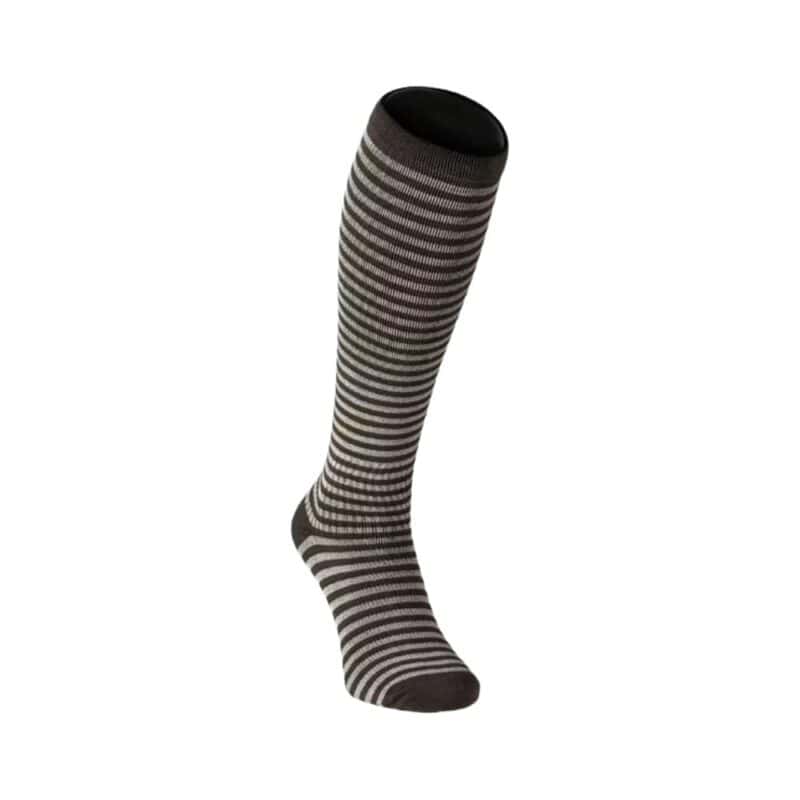 Bambu compression/support sock with black and white stripes, knee-high length.