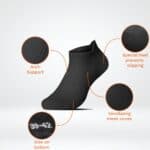 Ankle sock featuring arch support, ventilating mesh zones, and a special heel to prevent slipping, d.