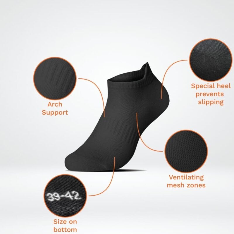 Sneaker Sock with Heel Support and Ventilation Ankle sock featuring arch support, ventilating mesh zones, and a special heel to prevent slipping, d.