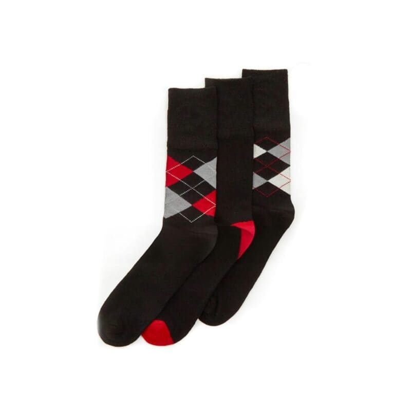 Colorful Argyle Bamboo Socks - 3-Pack Comfortable argyle bamboo socks in black, red, and gray with classic diamond patterns.