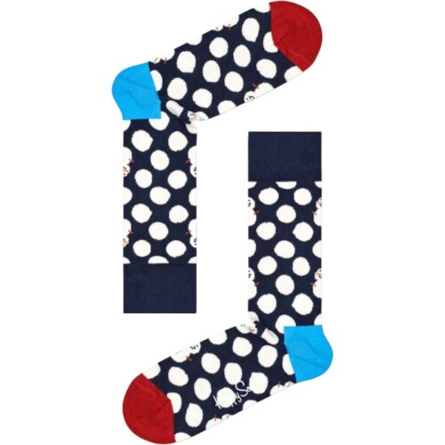 Bright polka dot snowman socks for winter fun.