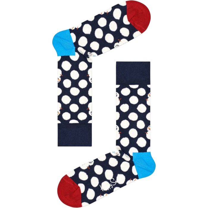 Bright polka dot snowman socks for winter fun.