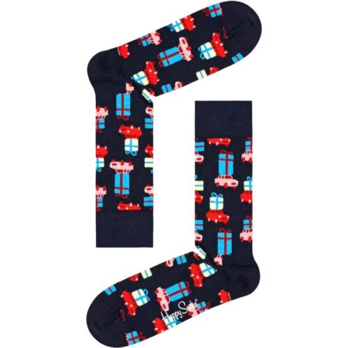 Christmas socks with gift box and car patterns, perfect for holiday presents and winter wear.