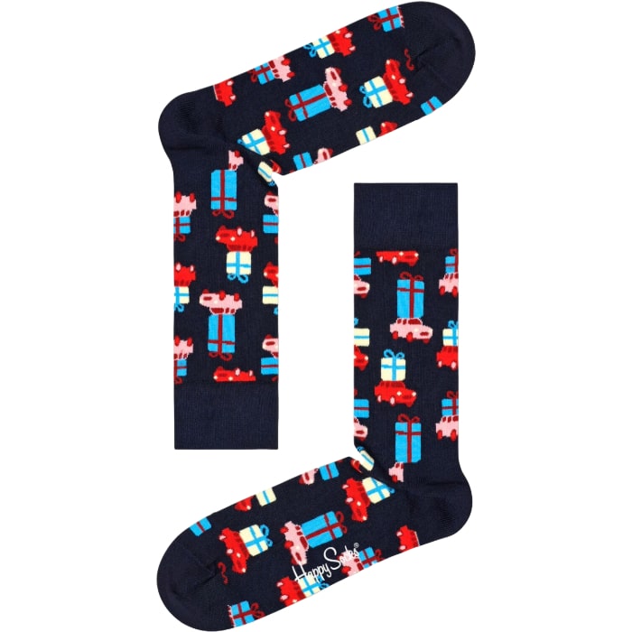 Christmas socks with gift box and car patterns, perfect for holiday presents and winter wear.