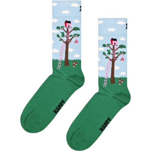Bright green socks featuring a playful treehouse scene with clouds and a ladder.