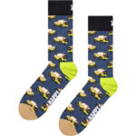 Bright blue socks with playful SUV designs, featuring neon green accents and beige toes.
