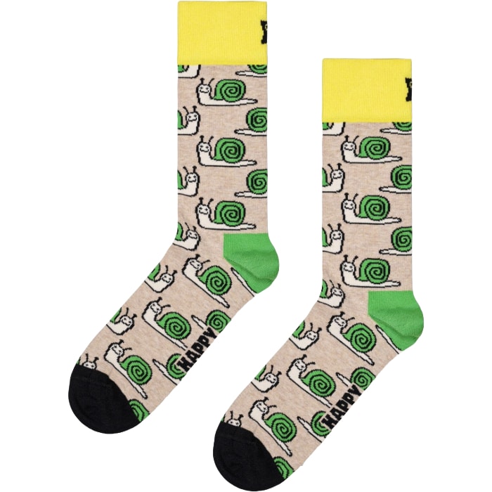 Colorful snail socks with green and black accents, perfect for fun and stylish footwear.