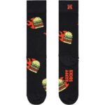 Bright burger and flame pattern on black socks, perfect for food lovers and casual wear.