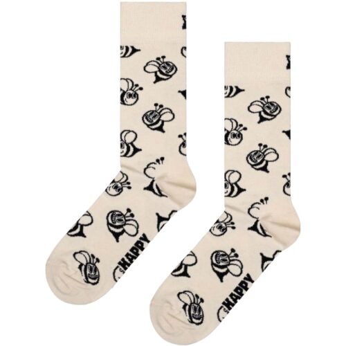 Fun bee patterned socks with cheerful bee illustrations on a cream background.