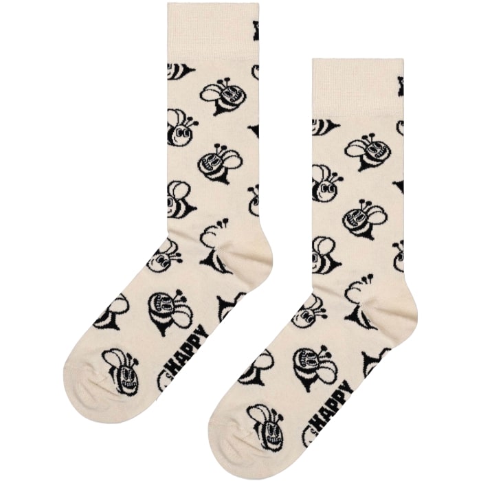 Fun bee patterned socks with cheerful bee illustrations on a cream background.