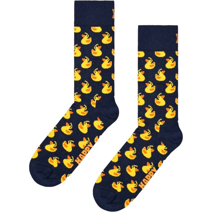 Bright yellow rubber duck pattern socks.