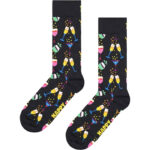 Festive socks featuring champagne glasses, confetti, and "HAPPY" text for celebrations. Perfect for.