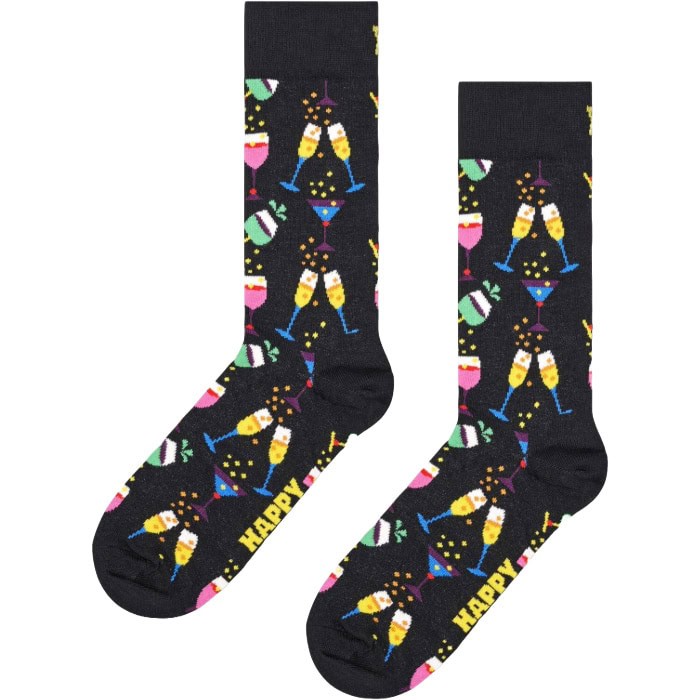 Festive socks featuring champagne glasses, confetti, and "HAPPY" text for celebrations. Perfect for.