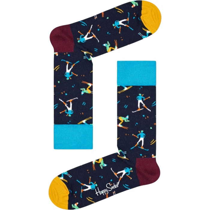 Skidsocka med färgglada skidåkare och snöflingor, perfekt för vintersport och skidåkning.