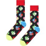 Festive Christmas heart socks with colorful patterns.