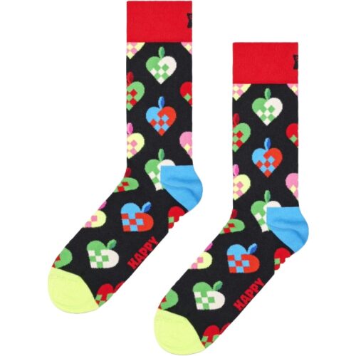 Festive Christmas heart socks with colorful patterns.