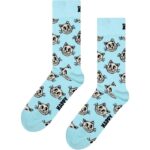 Blue socks featuring playful black and white cat face patterns, perfect for cat lovers.