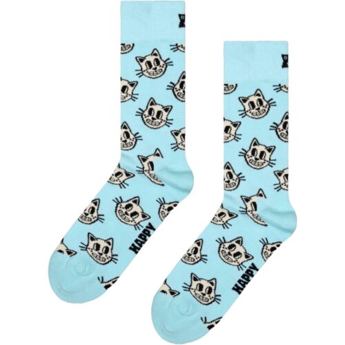 Blue socks featuring playful black and white cat face patterns, perfect for cat lovers.