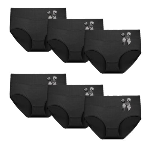 Pack of 3 black cotton briefs with satin bow detail, comfortable and breathable underwear.