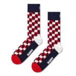 Optic pattern socks with red, white, and navy geometric design.